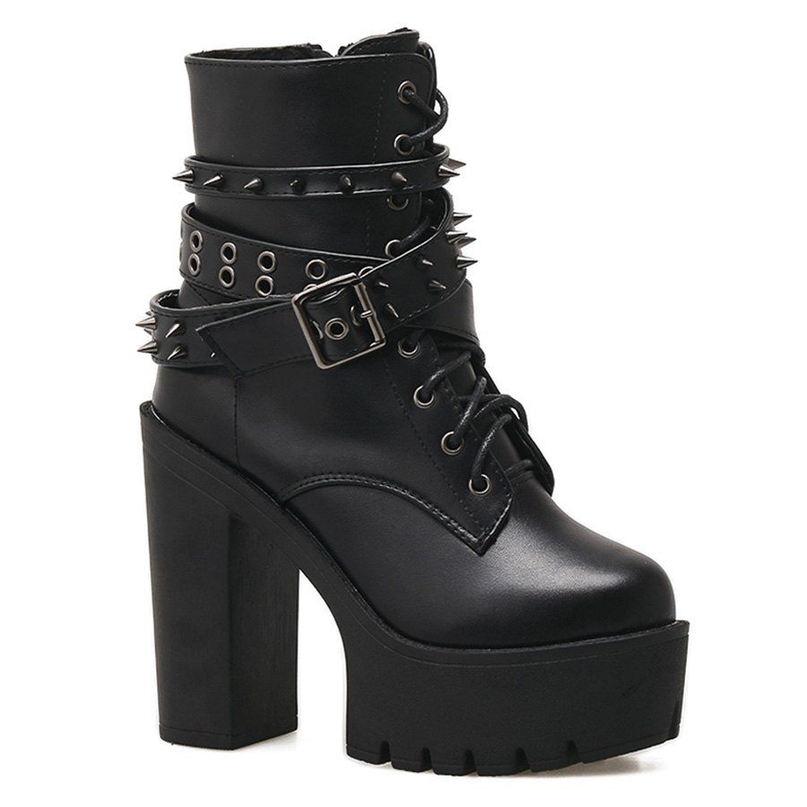 [32% OFF] Rivets Buckle Strap Chunky Heel Boots | Rosegal