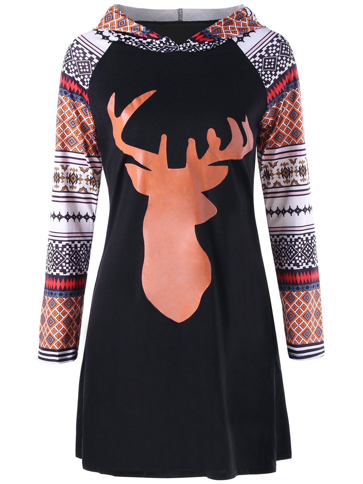 

Reindeer Christmas Raglan Sleeve Tunic Hoodie, Black