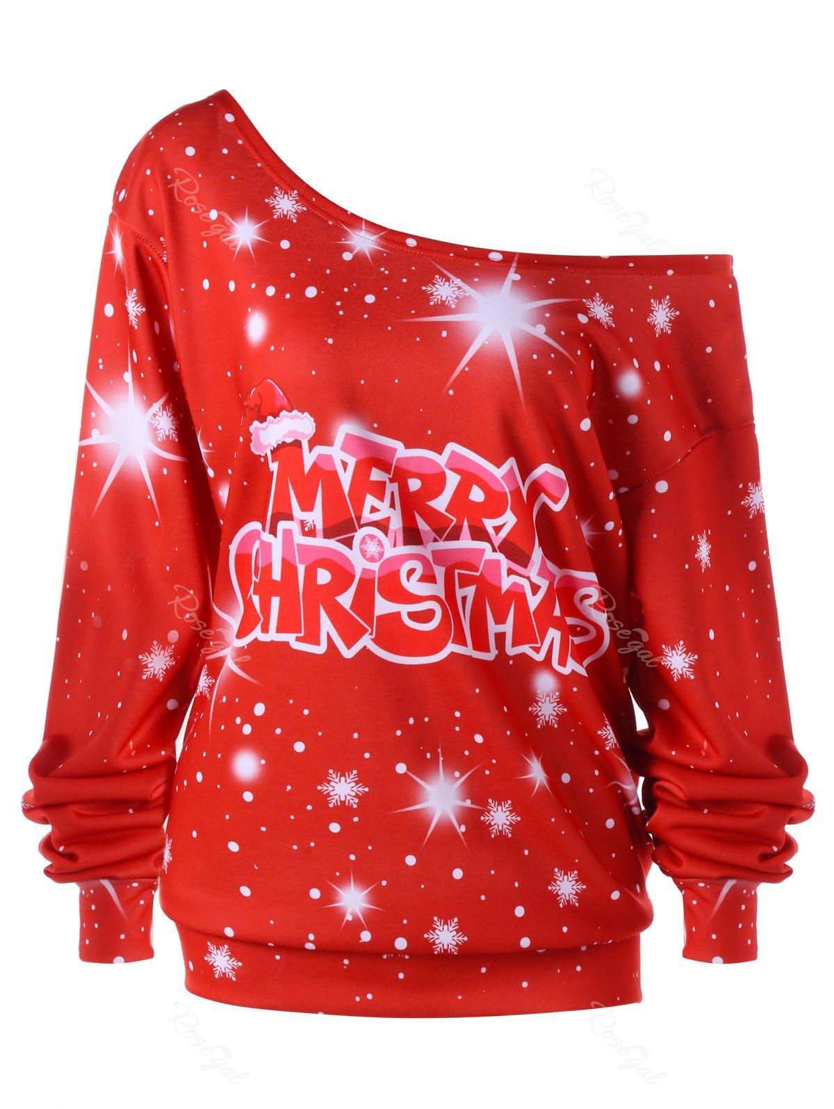 

Christmas Plus Size Galaxy Skew Colllar Sweatshirt, Red