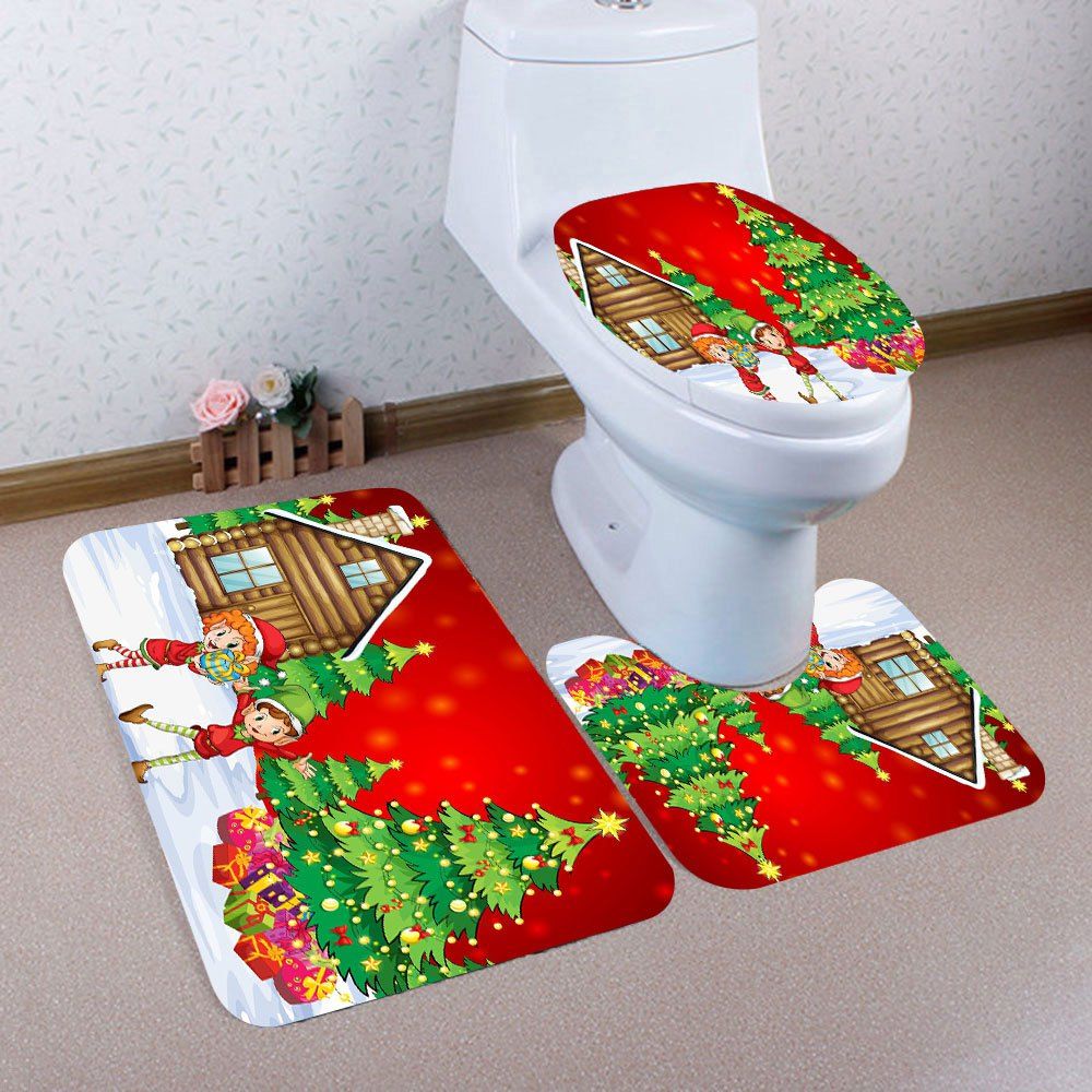 

3Pcs/Set Cartoon Character and Christmas Tree Pattern Bath Toilet Mats, Colorful