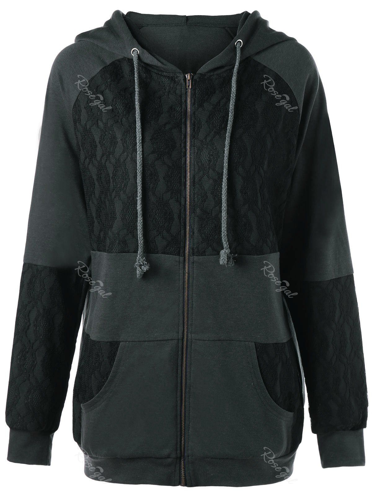 

Lace Panel Plus Size Zip Up Hooded Coat, Deep gray