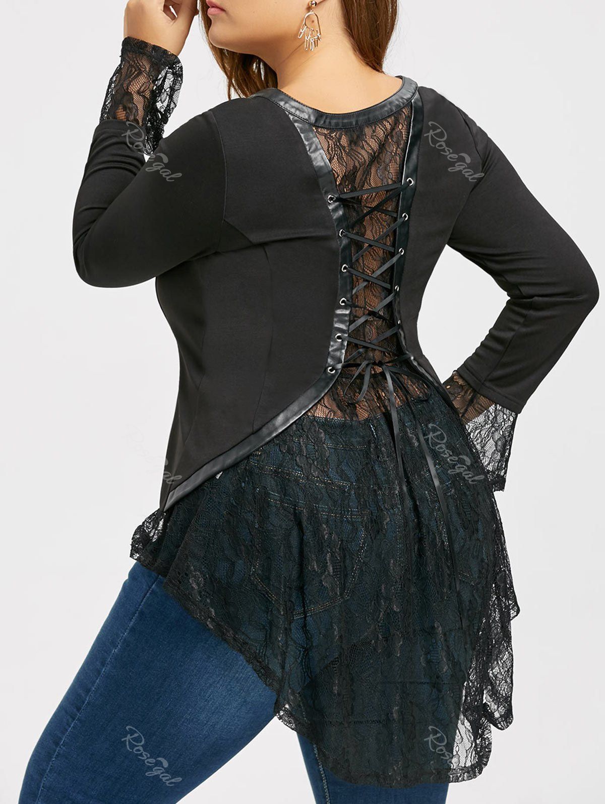 

Lace Panel Plus Size Lace-up Zip Up Top, Black