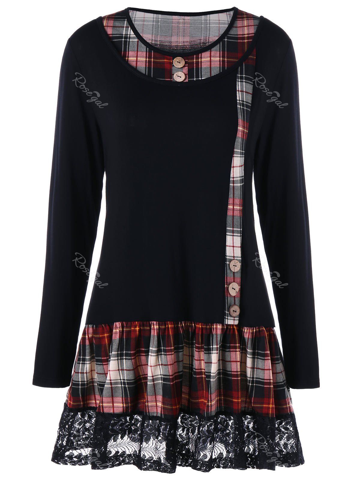 

Plus Size Plaid Buttons Lace Panel Long Sleeve T-shirt, Black