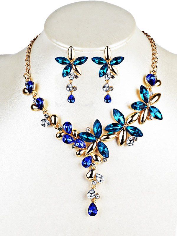 

Vintage Crystal Floral Embellished Alloy Pendent Necklace Earrings Set, Blue