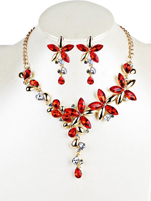 

Vintage Crystal Floral Embellished Alloy Pendent Necklace Earrings Set, Red