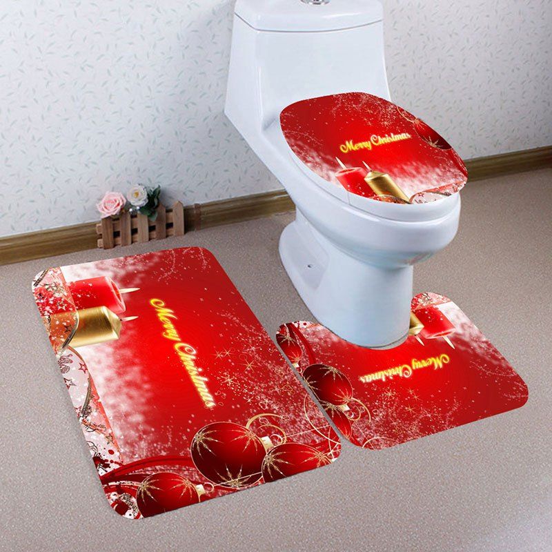 

Nonslip Christmas Candle Ball Pattern 3Pcs Bath Toilet Mats Set, Red