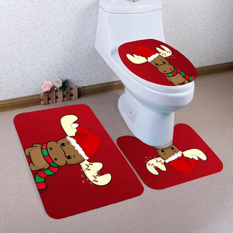 

3Pcs Christmas Reindeer Pattern Bath Toilet Mats Set, Red