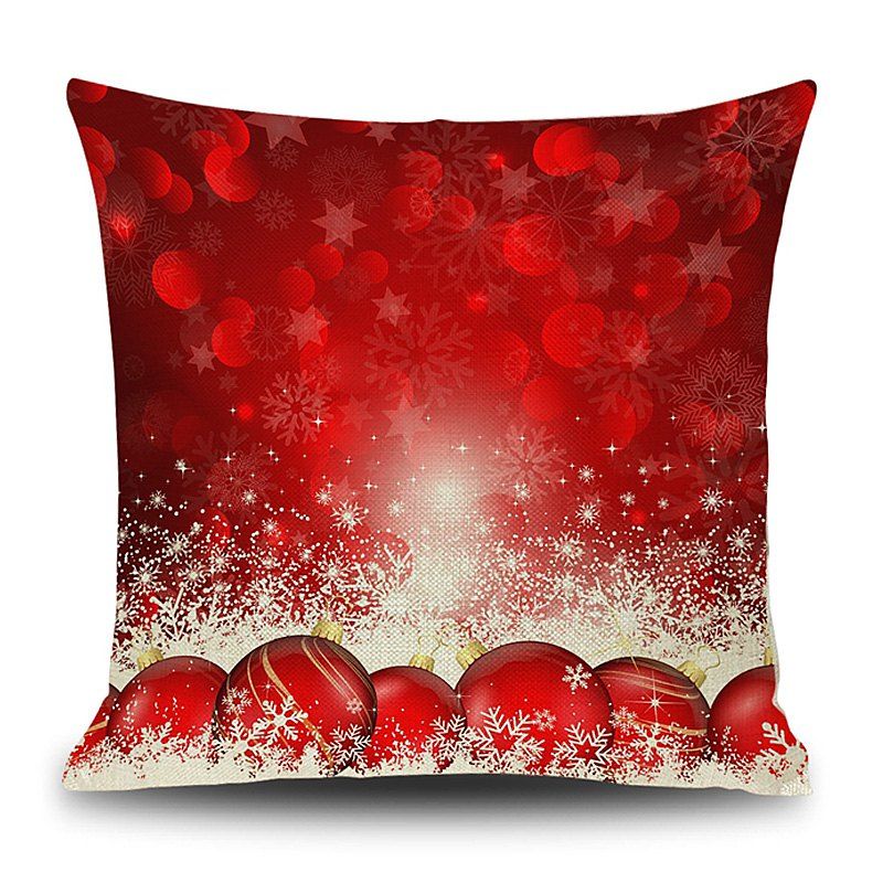 

Christmas Baubles Snowflake Print Decorative Linen Pillowcase, Red