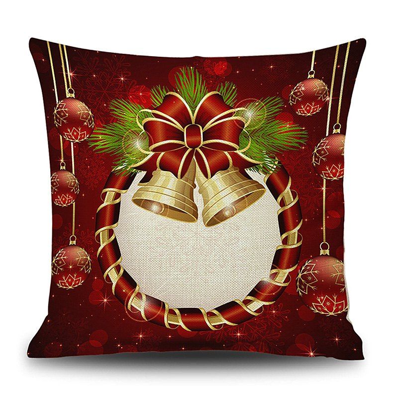 

Christmas Bells Wreath Print Decorative Linen Pillowcase, Deep red
