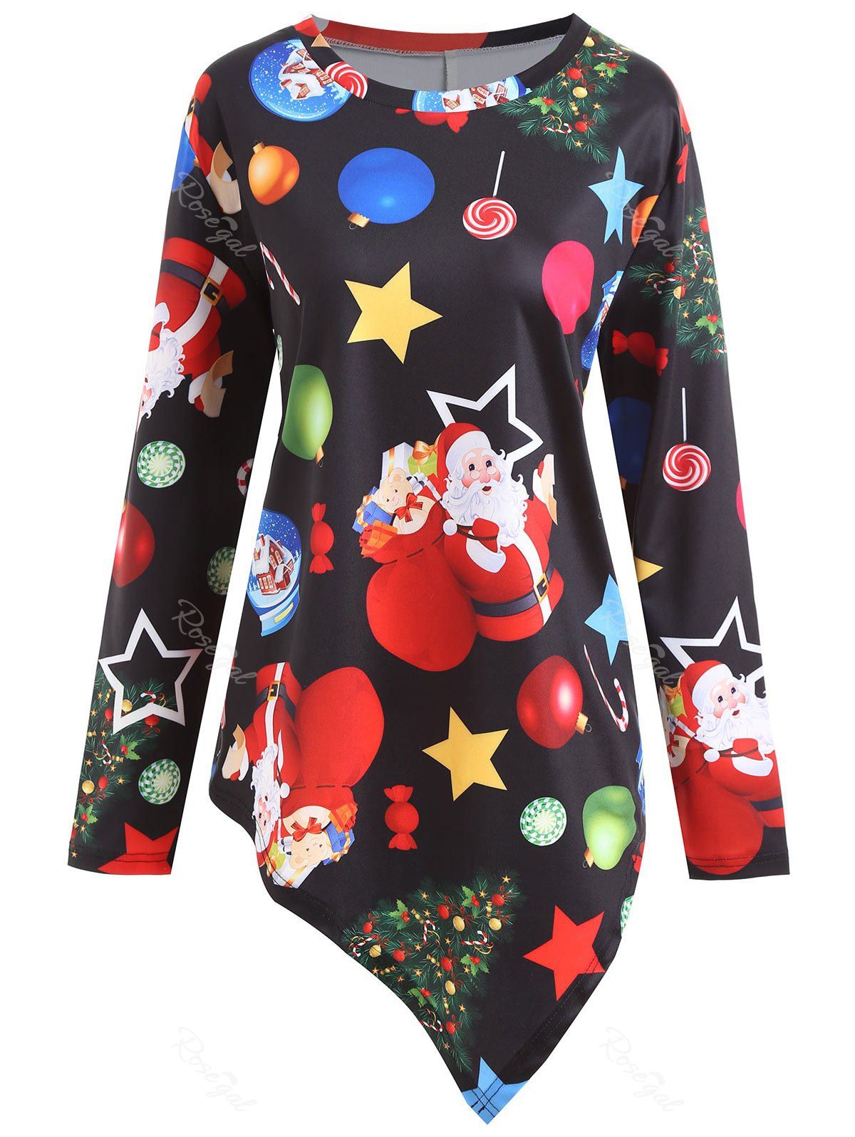 

Christmas Santa Claus Star Plus Size Asymmetrical T-shirt, Black