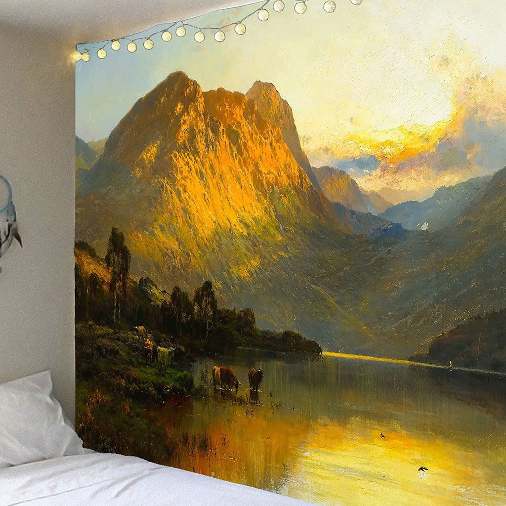 

Lakeside Mountains Scenery Printed Wall Art Tapestry, Gray