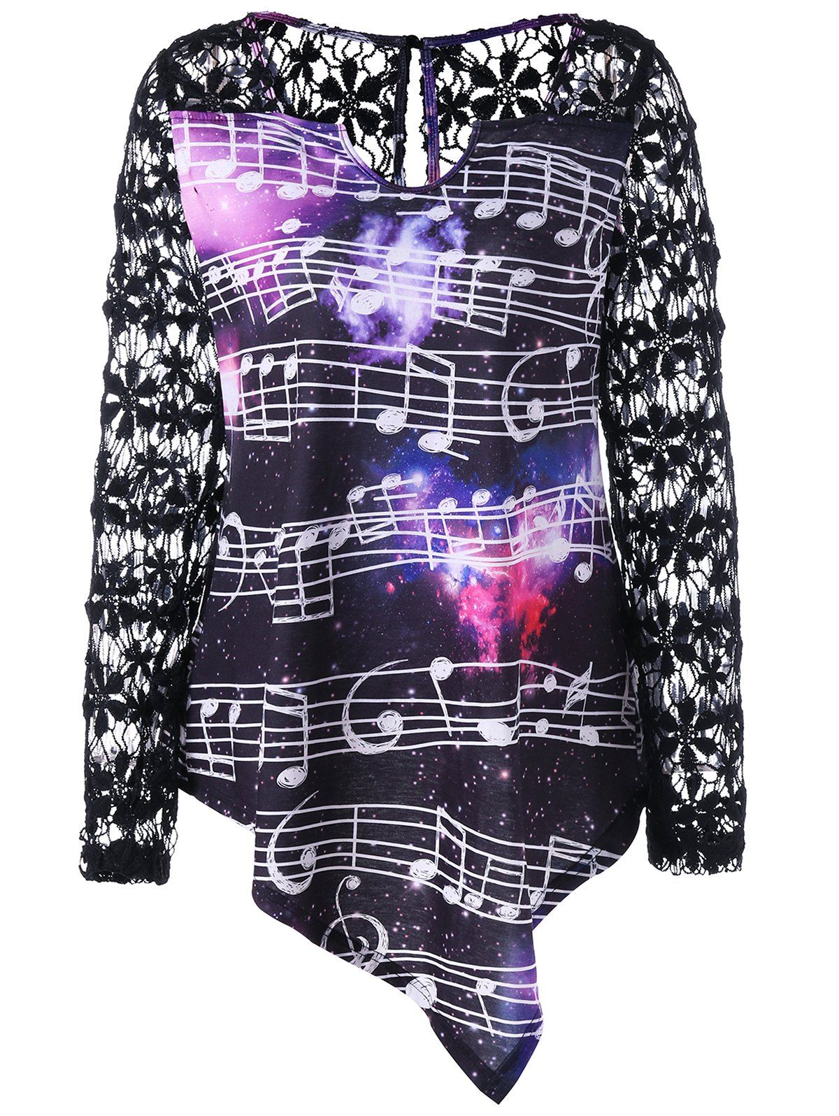 

Lace Yoke Galaxy Music Notes Top, Black