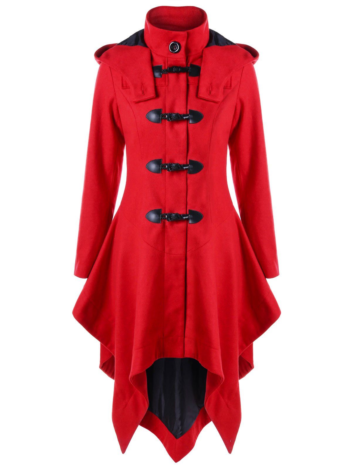 

Horn Button Hooded Christmas Handkerchief Coat, Red