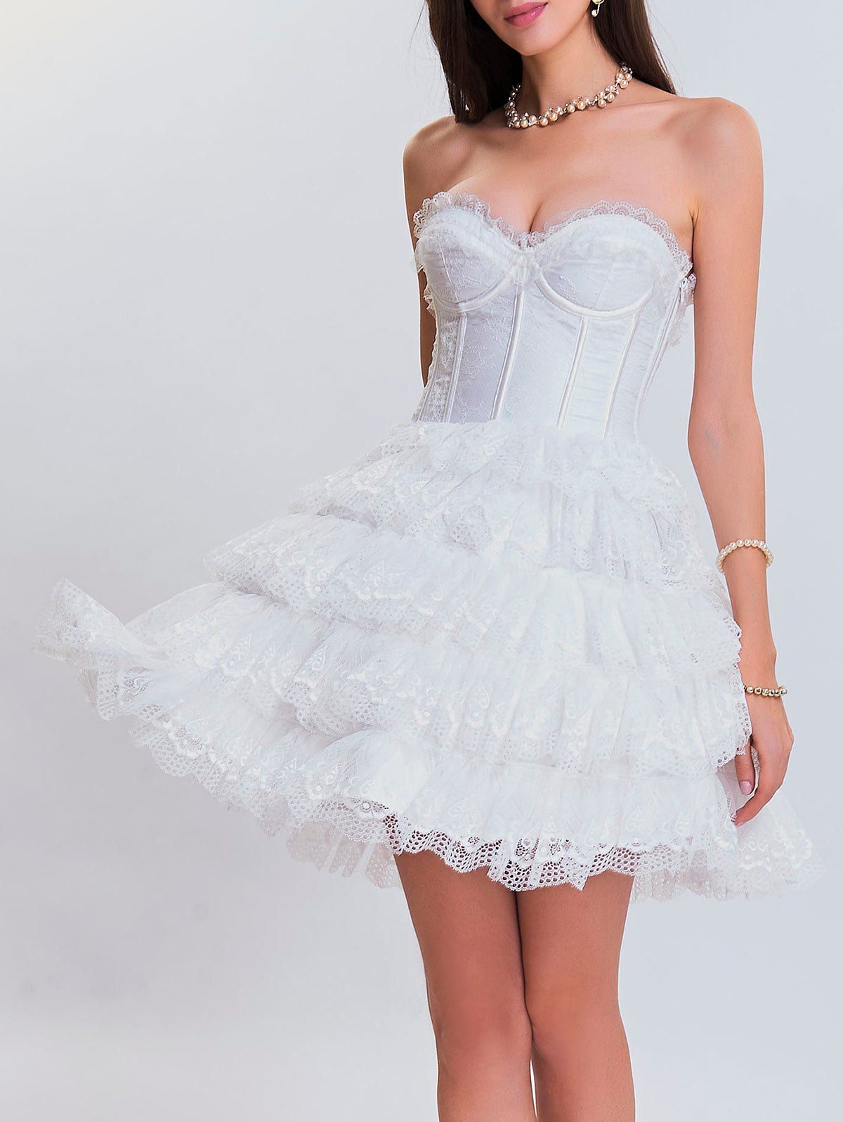 [24 OFF] Club Eyelet Tiered Lace Corset Dress Rosegal