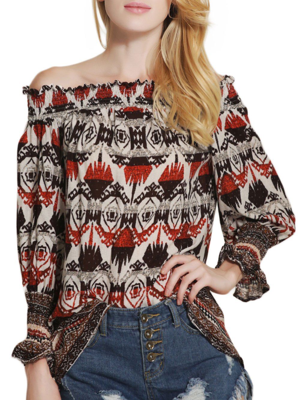 

Tribal Print Off The Shoulder Tunic Blouse, Red