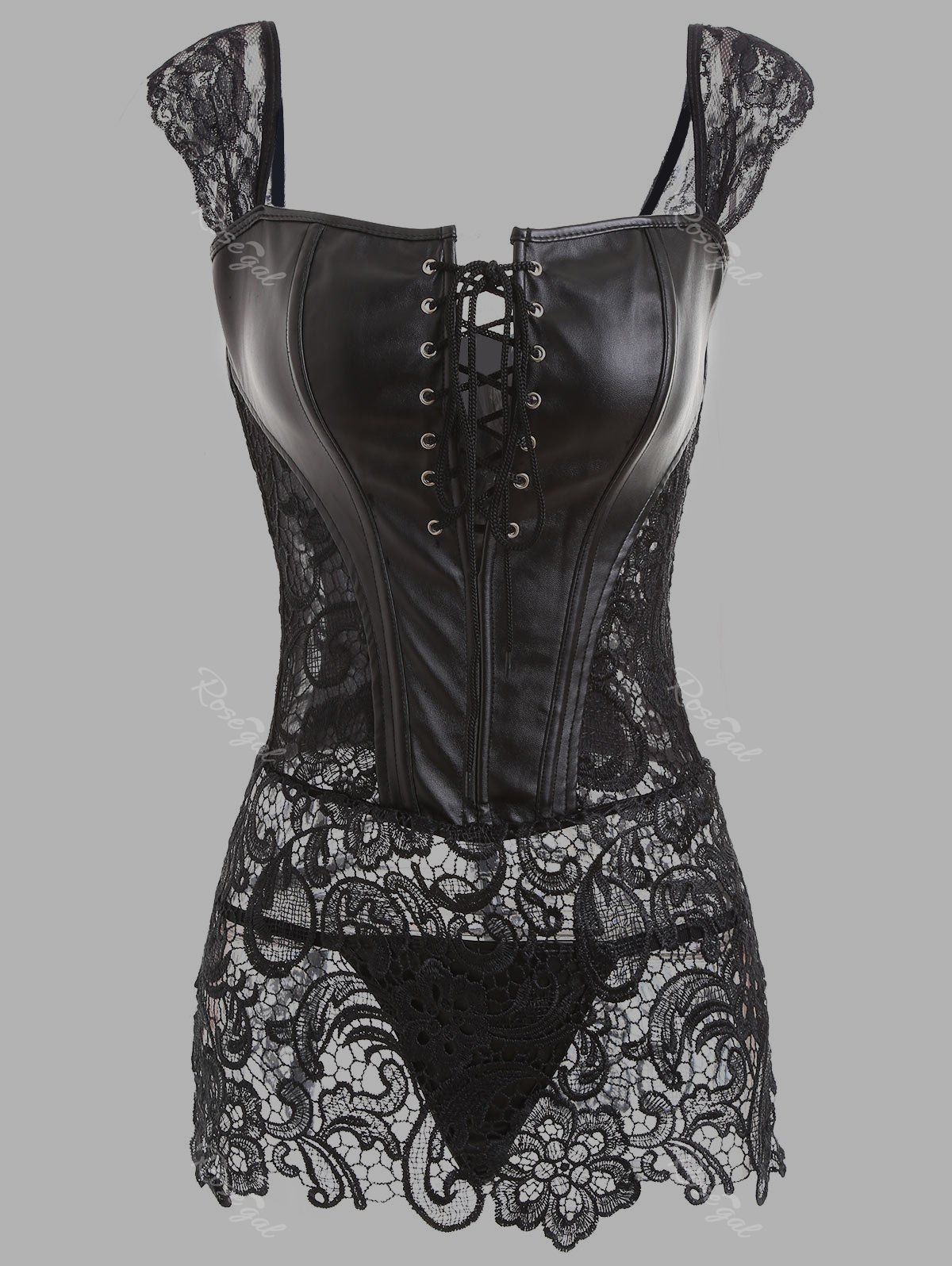 

Lace Panel See Through Plus Size Leather Corset, Black