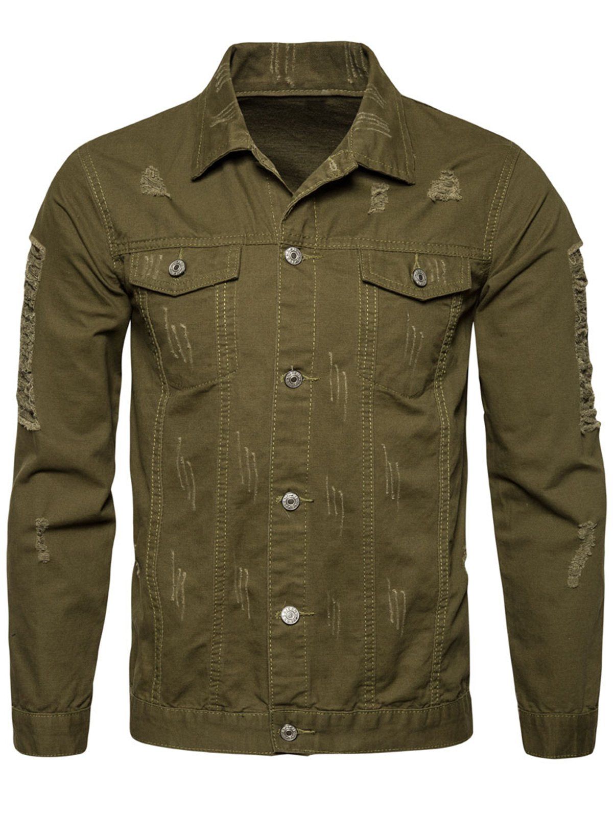 

Button Flap Pockets Ripped Denim Jacket, Army green