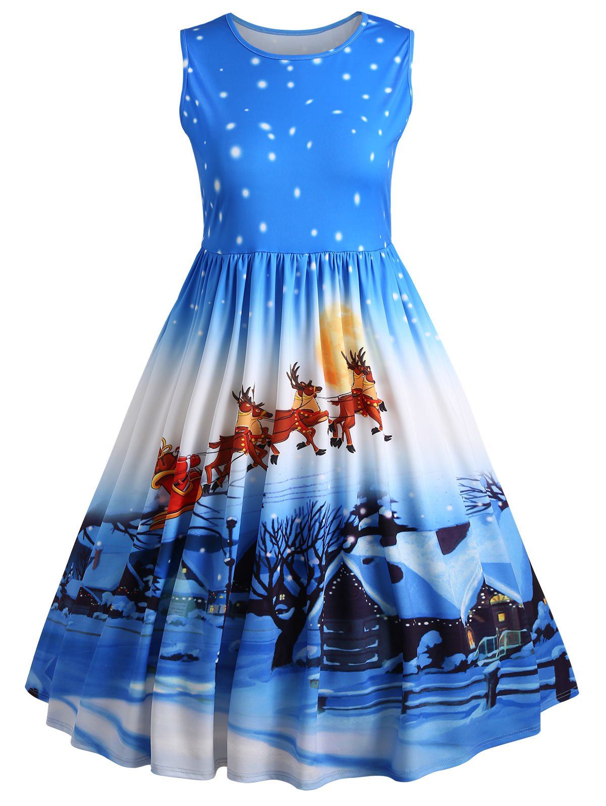 

Plus Size Deer Midi Sleeveless Vintage Christmas Dress, Blue