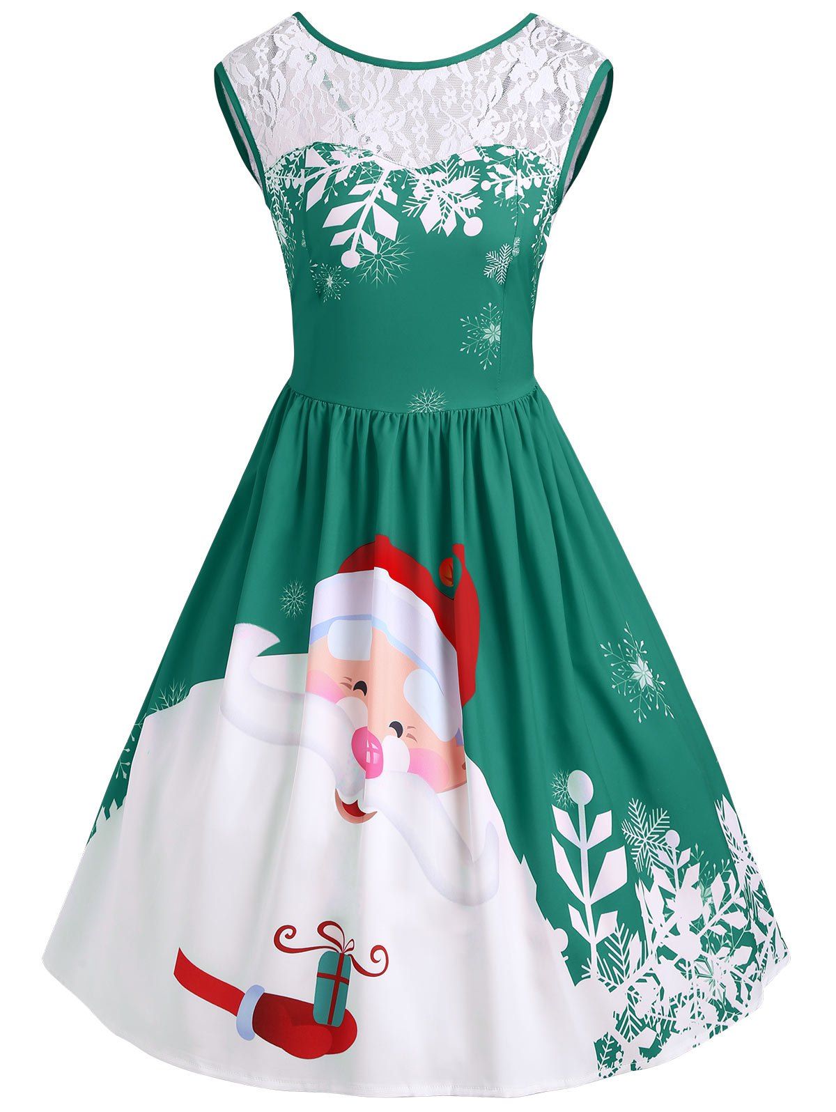 Green Xl Christmas Santa Claus Print Lace Insert Party Dress | RoseGal.com