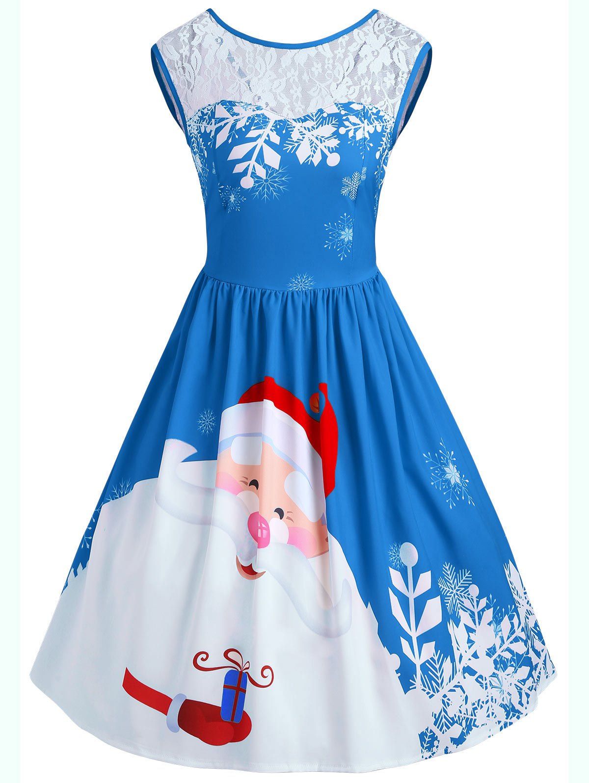 

Christmas Santa Claus Print Lace Insert Party Dress, Blue