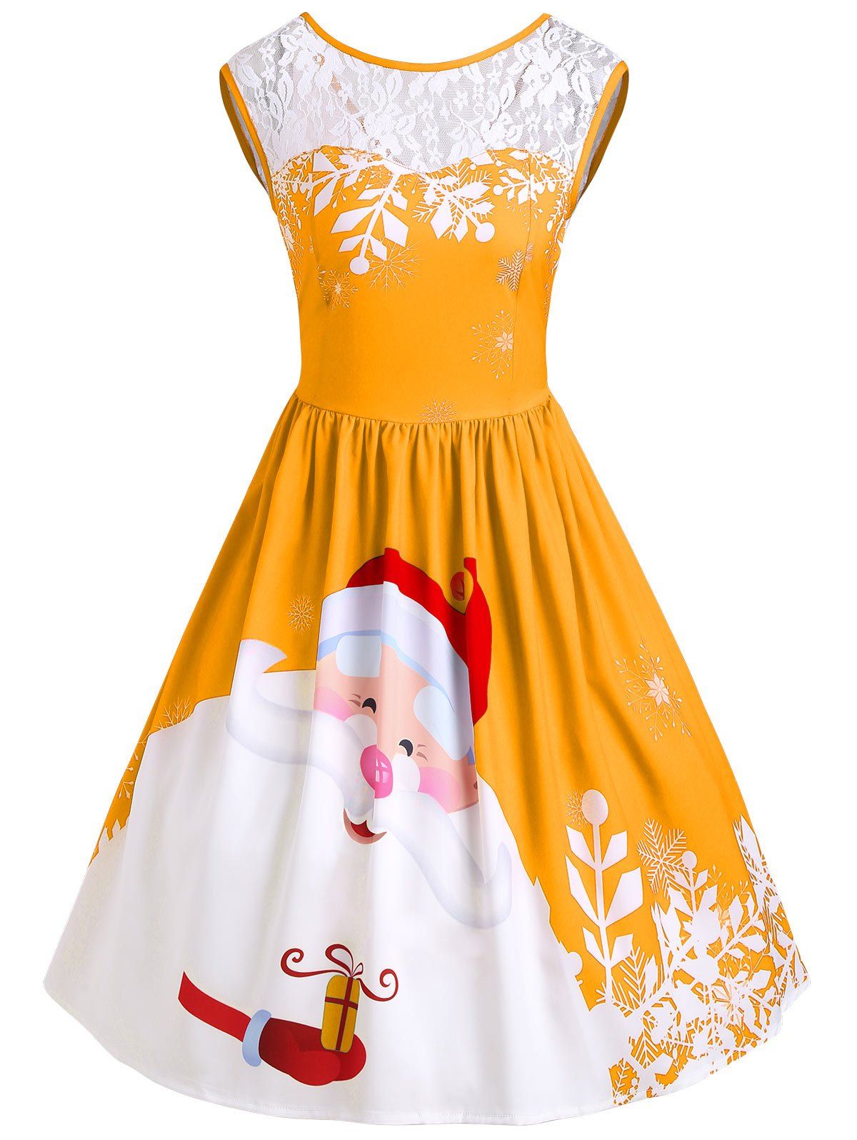 

Christmas Santa Claus Print Lace Insert Party Dress, Citrus