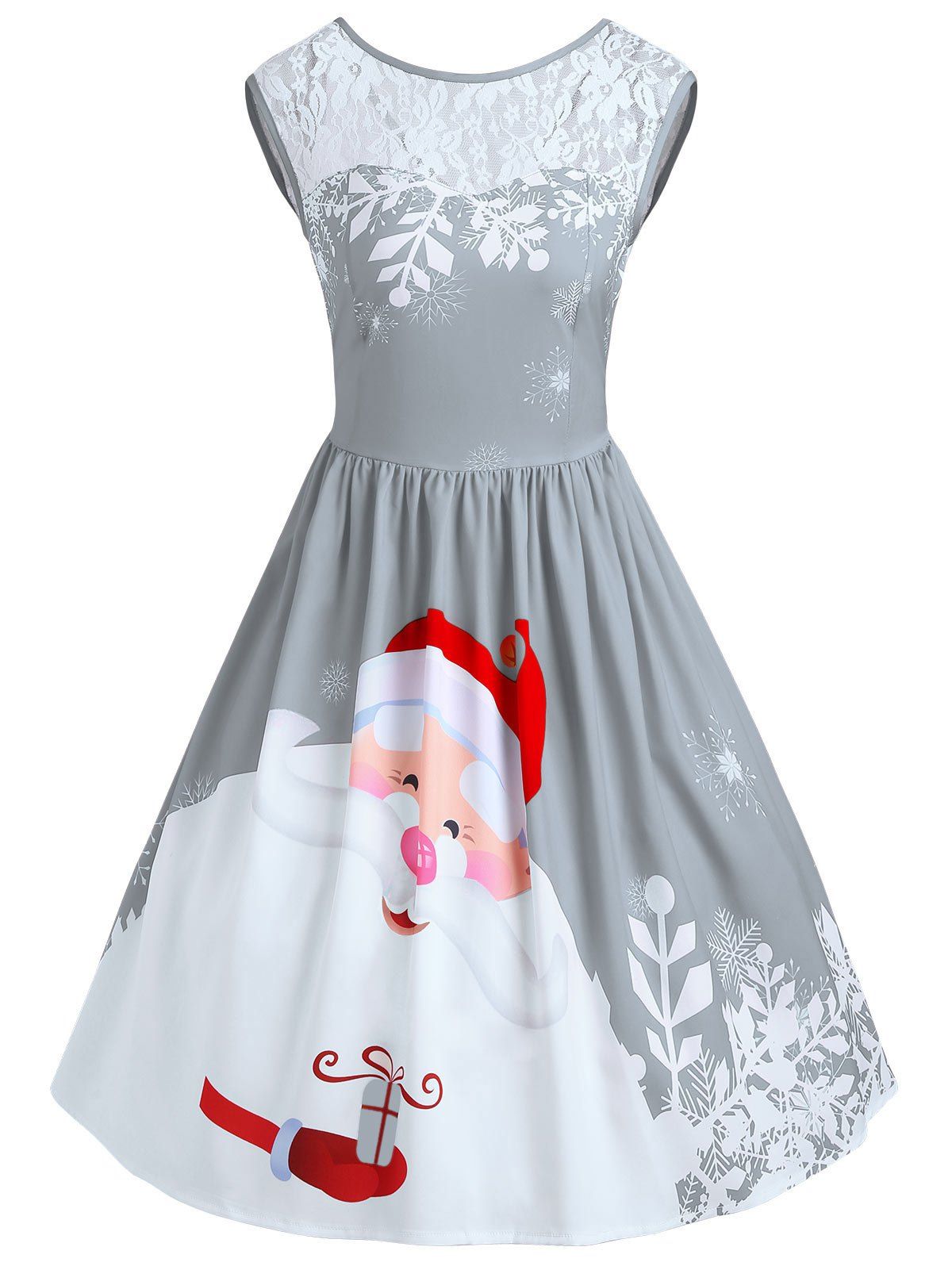

Christmas Santa Claus Print Lace Insert Party Dress, Frost