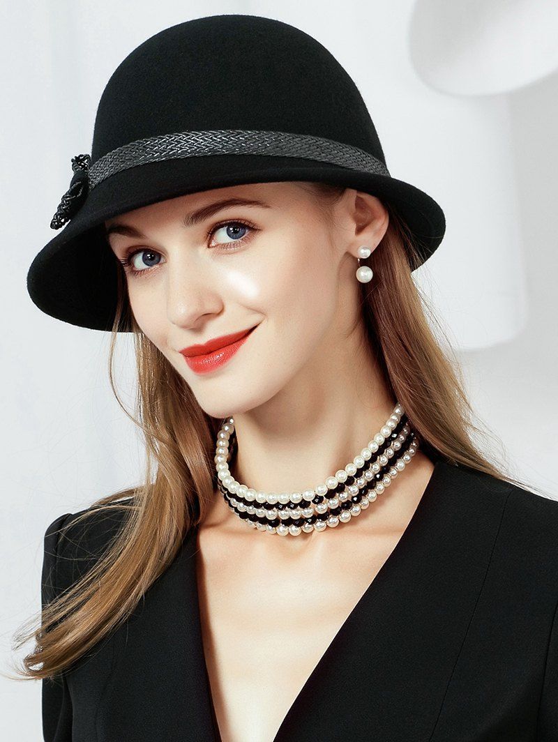 

Vintage Bowknot Embellished Faux Wool Pillbox Hat, Black