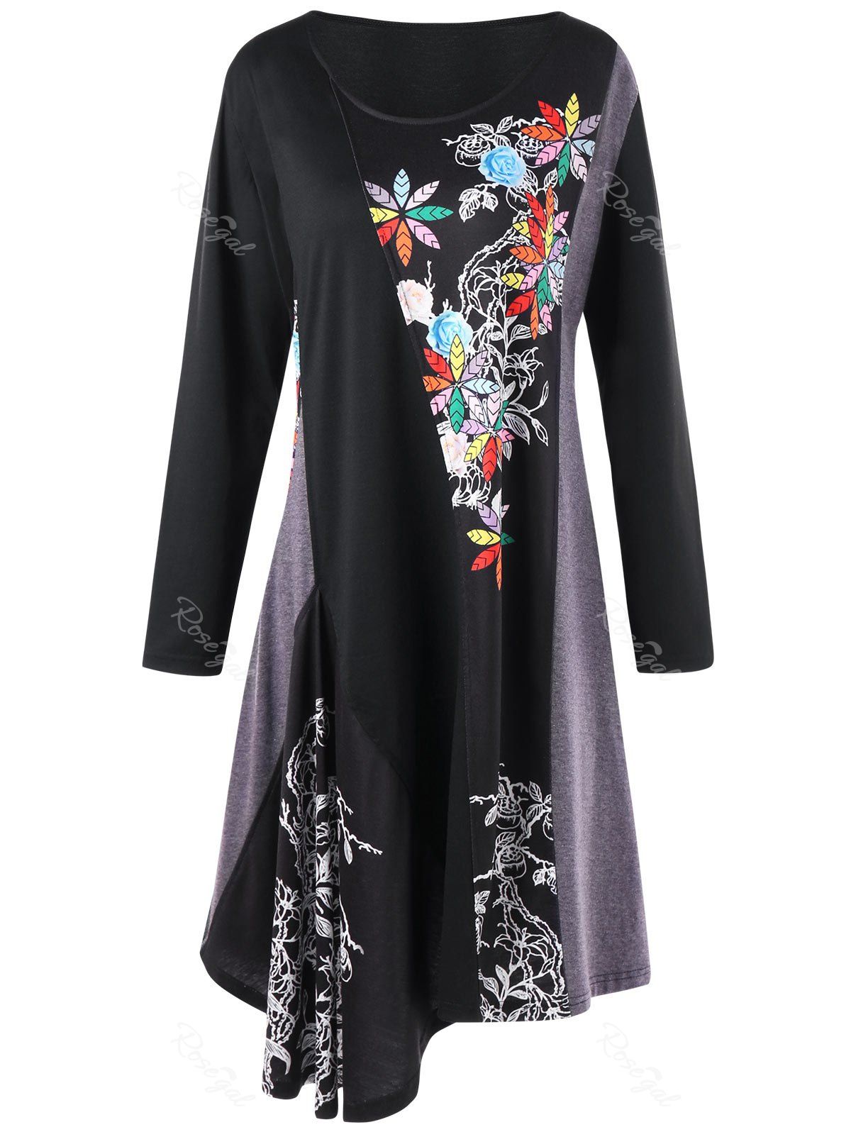 

Plus Size Floral Long Sleeve Asymmetric Tee Dress, Black