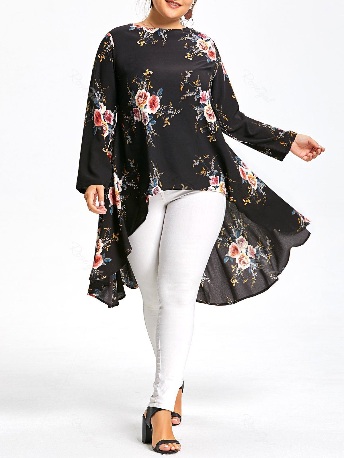 

Plus Size Floral Printed Long Chiffon High Low Top, Black