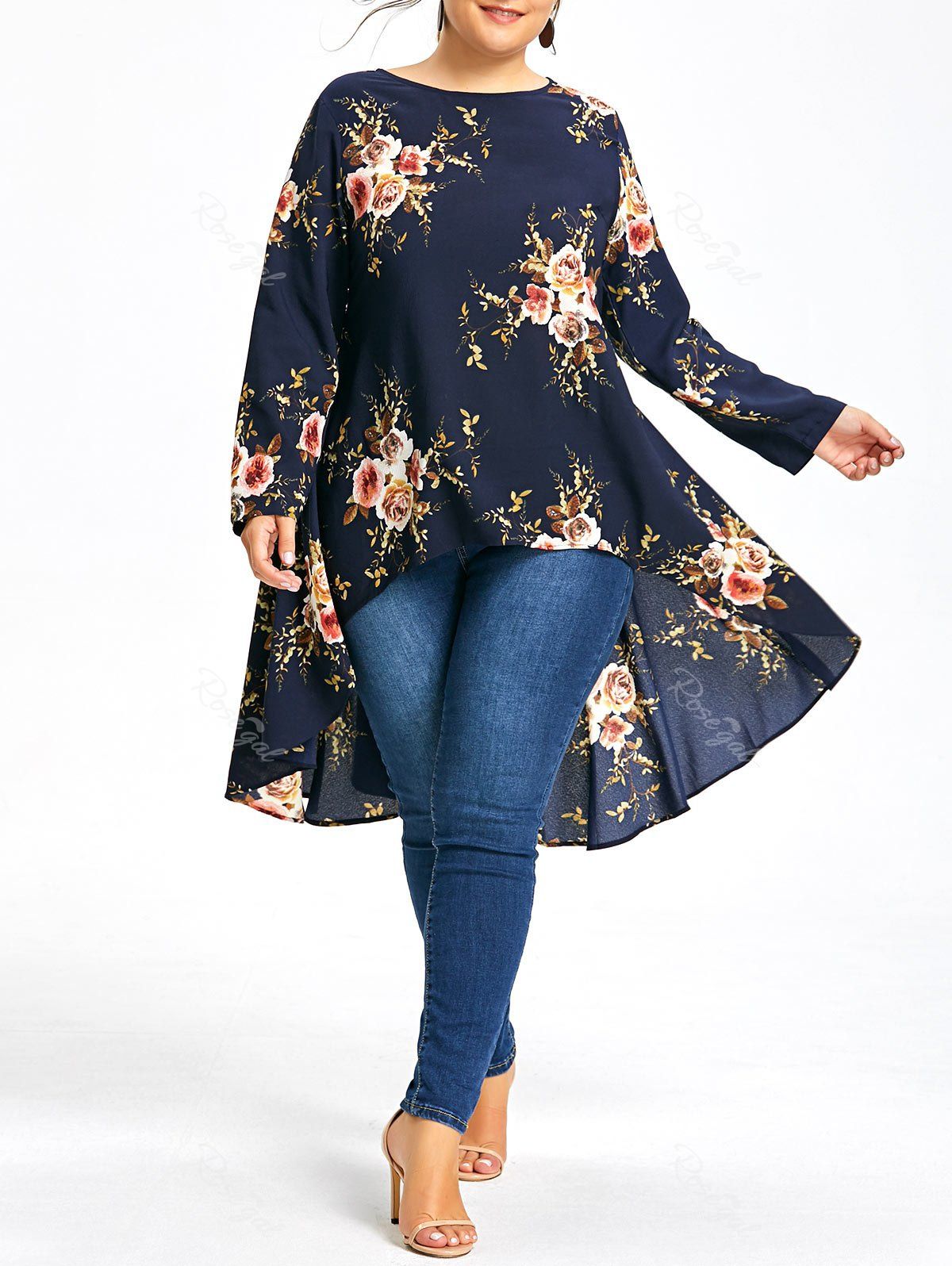 

Plus Size Floral Printed Long Chiffon High Low Top, Purplish blue