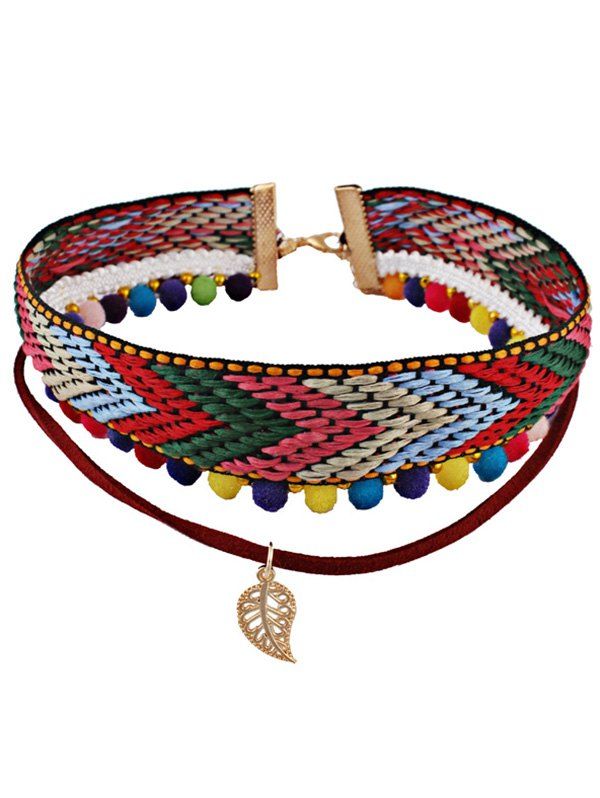 

Ethnic Layered Braid Ball Leaf Choker Necklace, Red
