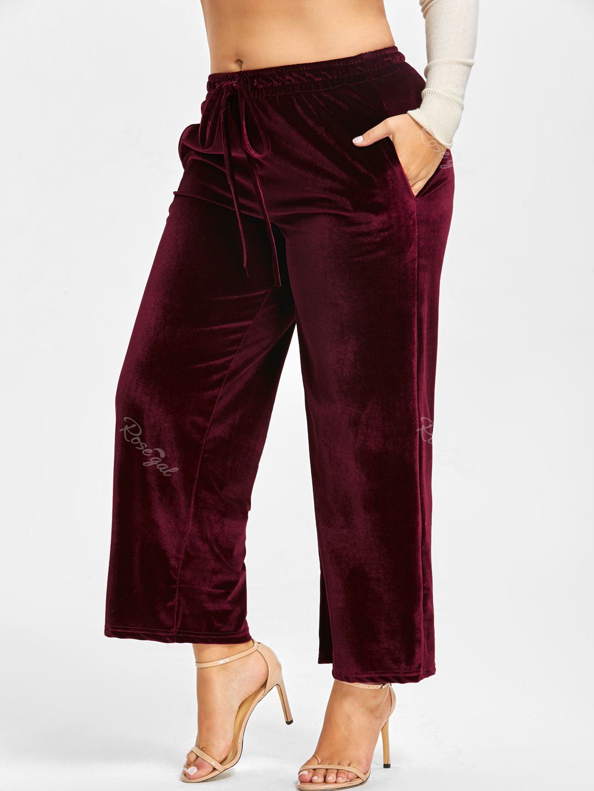 

Plus Size Velvet Elastic Waist Wide Leg Pants, Wine red