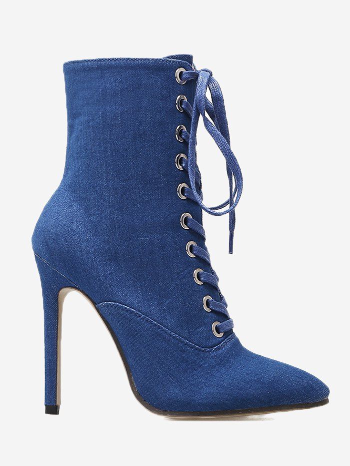 [25% OFF] Lace Up Pointed Toe High Heel Denim Boots | Rosegal