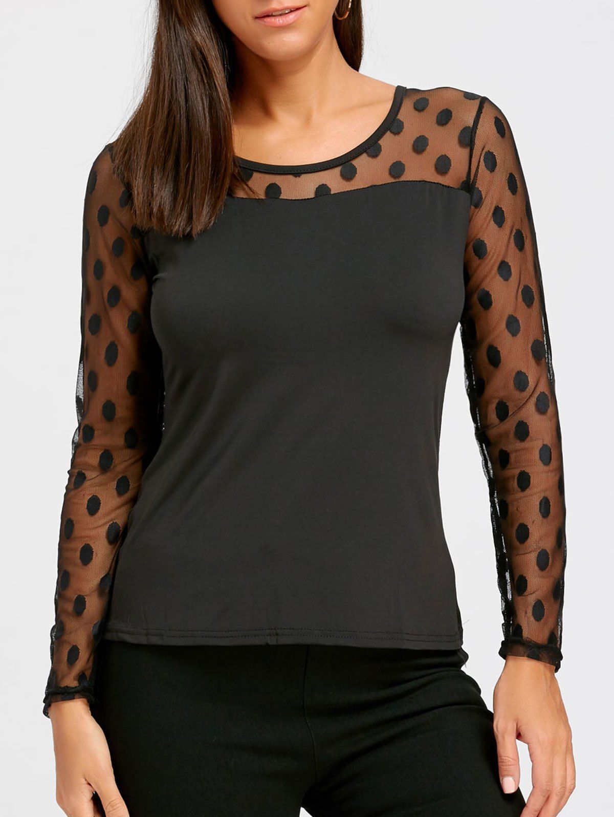 [47 OFF] See Through Lace Insert Long Sleeve Tshirt Rosegal