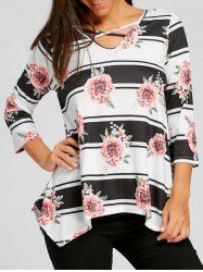 2019 asymmetrical striped floral print criss cross t shirt