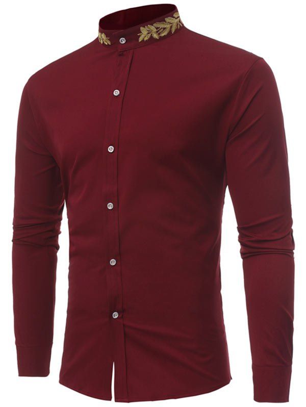 

Plant Embroidery Mandarin Collar Shirt, Wine red