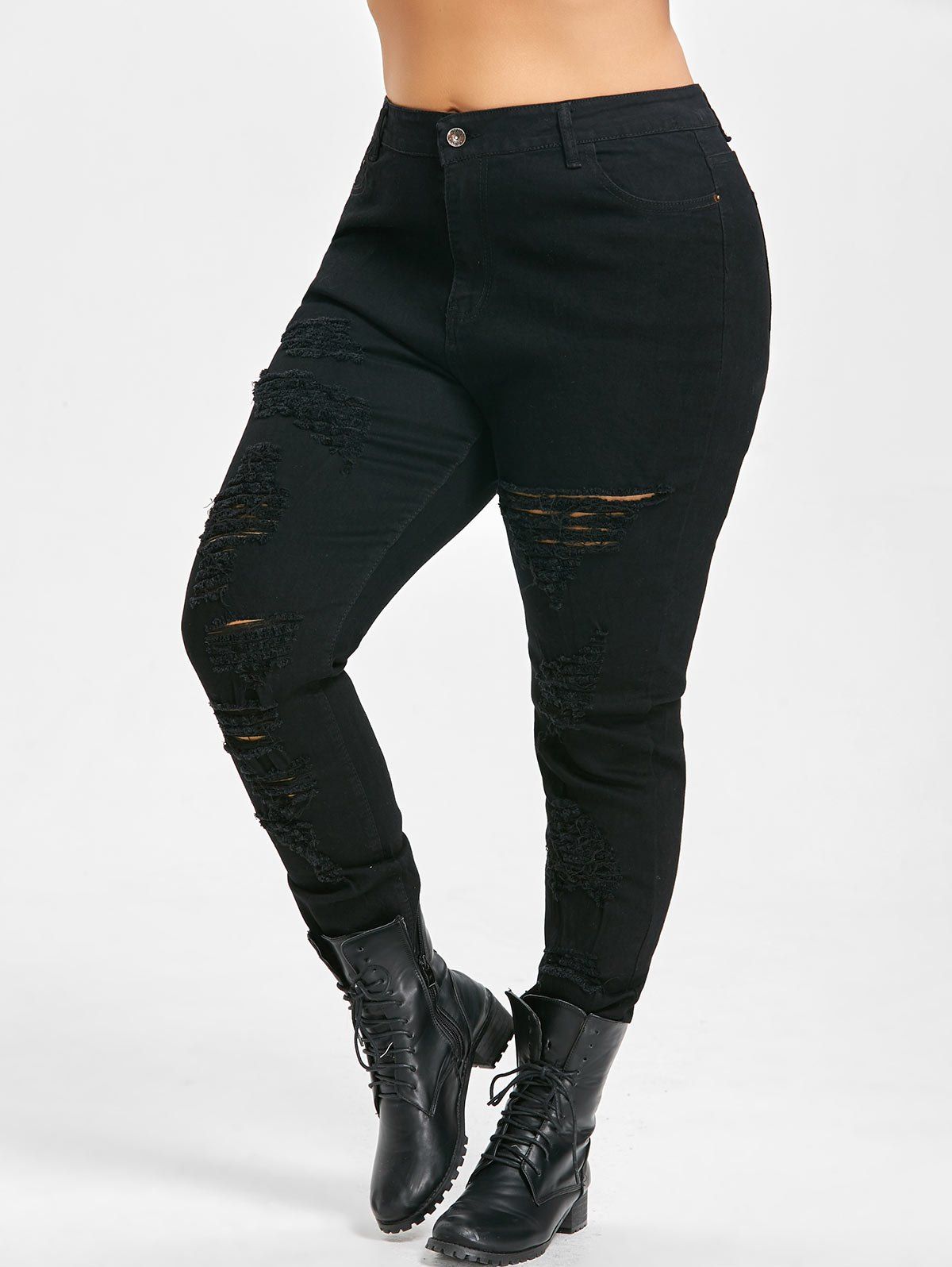 

Plus Size Slim High Waisted Ripped Jeans, Black