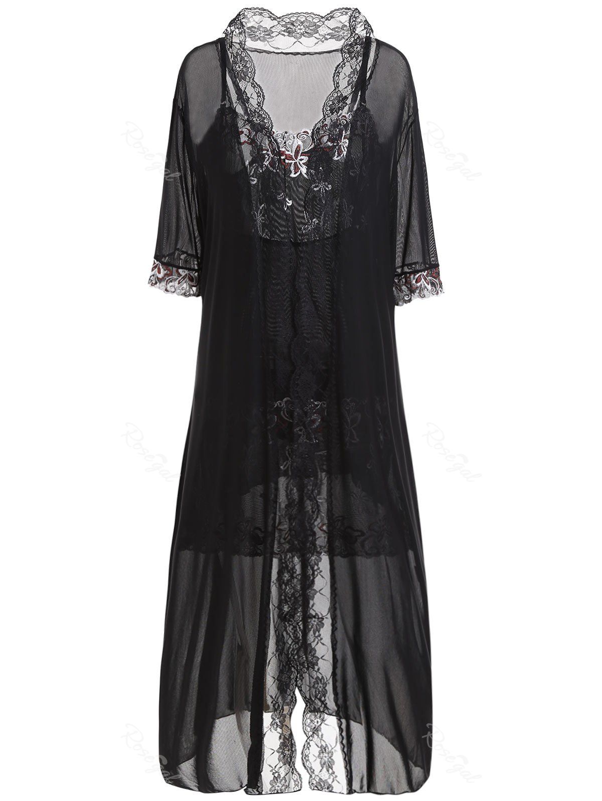 

Plus Size Embroidery Slip Dress with Robe, Black
