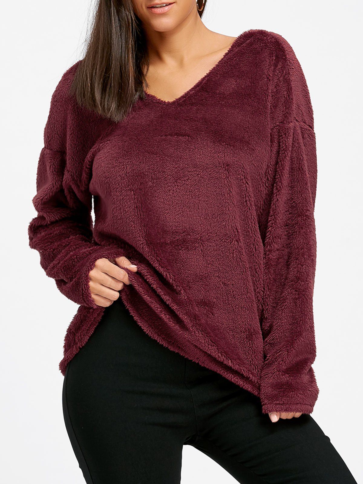 

V Neck Cut Out Pullover Fuzzy Sweater, Wine red