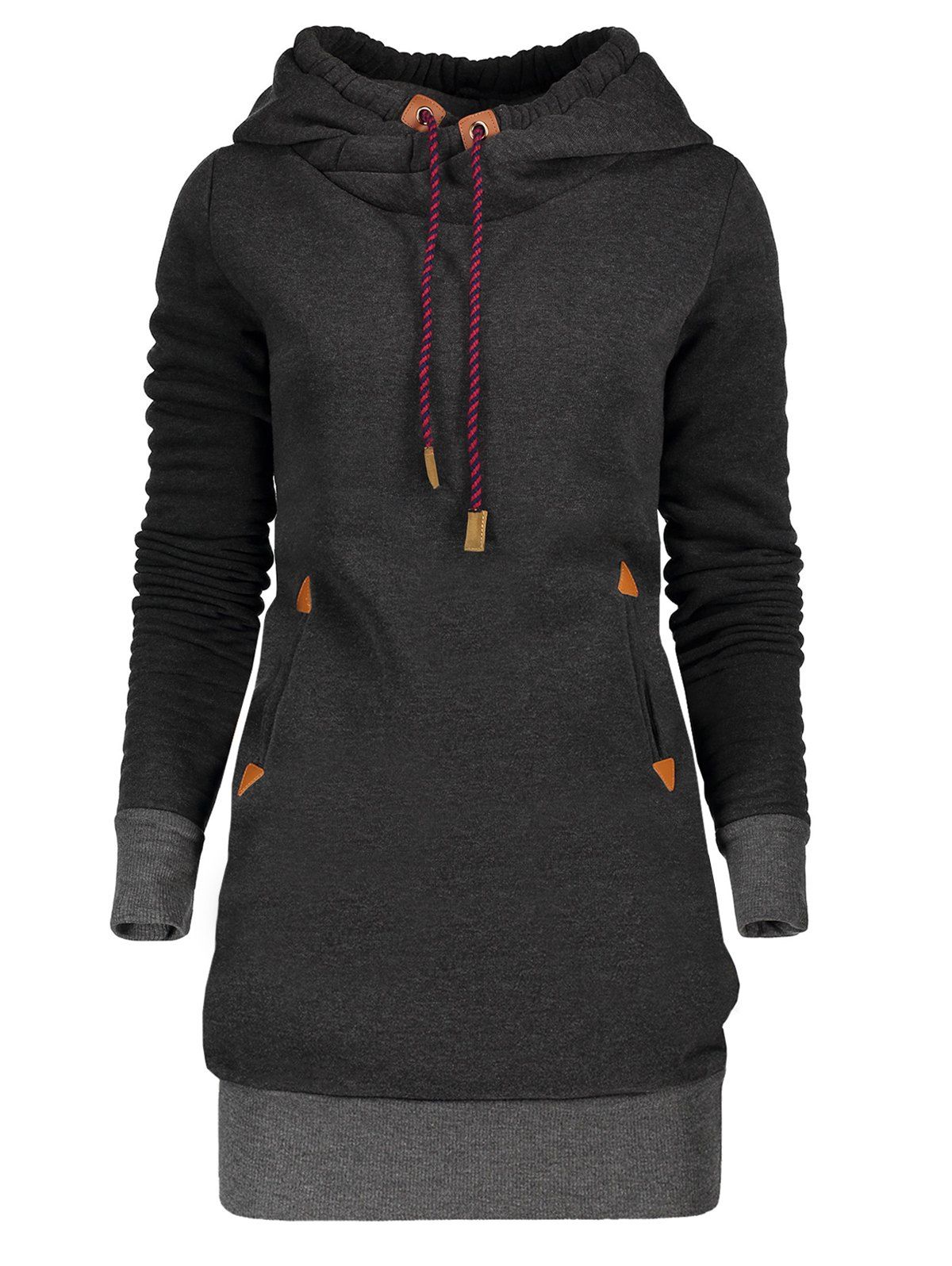 

Drawstring Tunic Hoodie Dress with Pocket, Deep gray