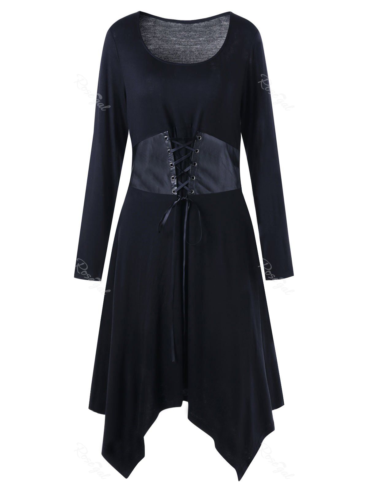 

Long Sleeve Belted Plus Size Handkerchief Dress, Black