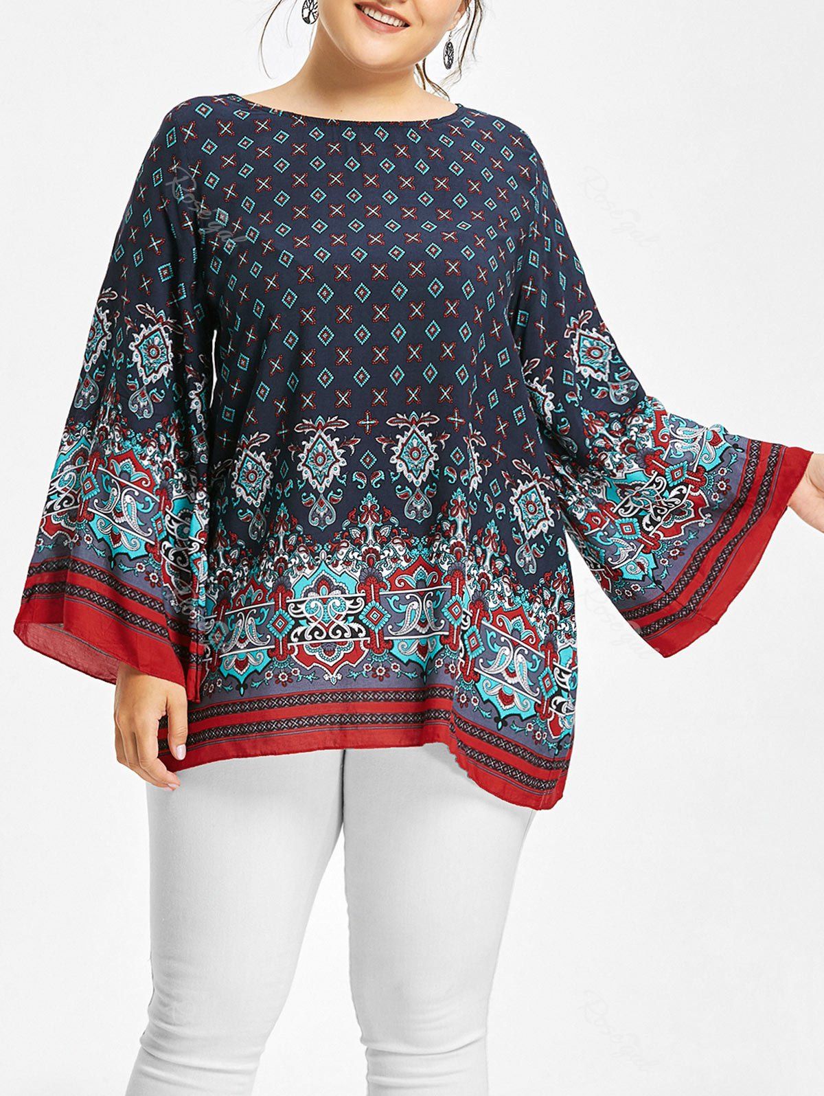 

Plus Size Tribe Print Bell Sleeve Blouse, Deep blue