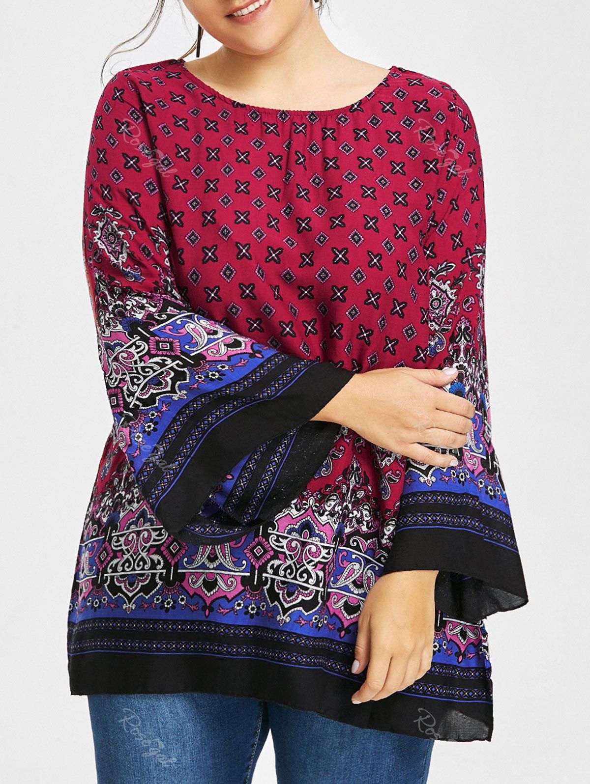 

Plus Size Tribe Print Bell Sleeve Blouse, Wine red