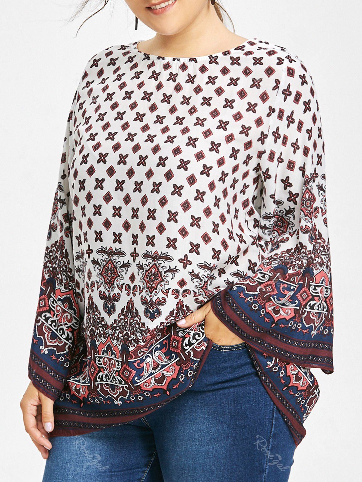 

Plus Size Tribe Print Bell Sleeve Blouse, White