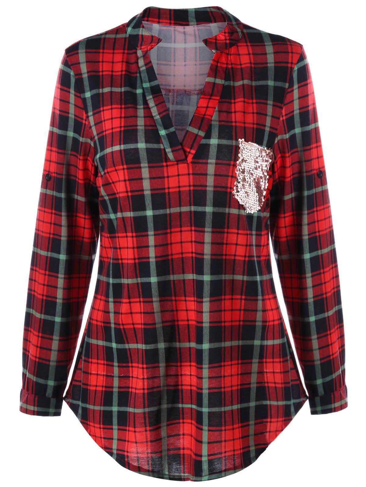 

Sequined Trim Plaid Curved Hem Shirt, Red