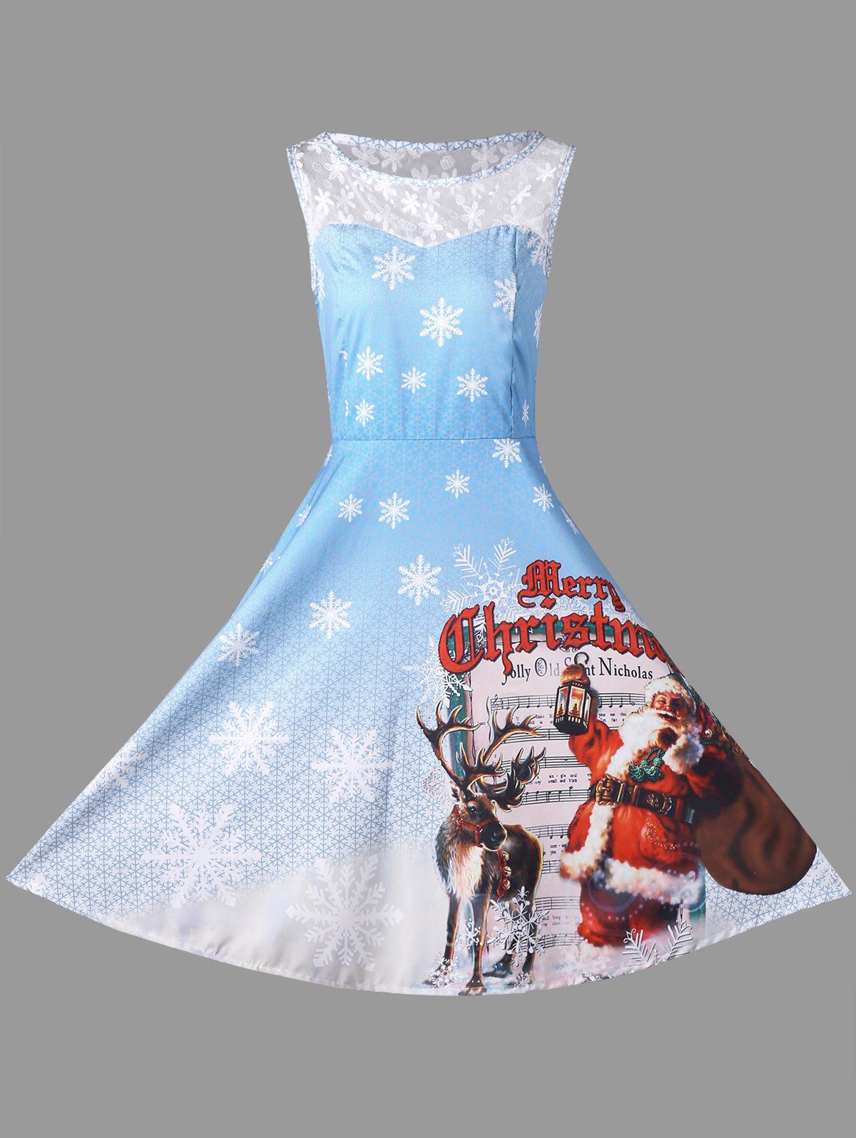 

Christmas Lace Insert Print Vintage Dress, Blue