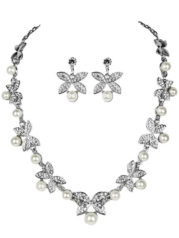 

Rhinestoned Faux Pearl Butterfly Wedding Jewelry Set, Silver