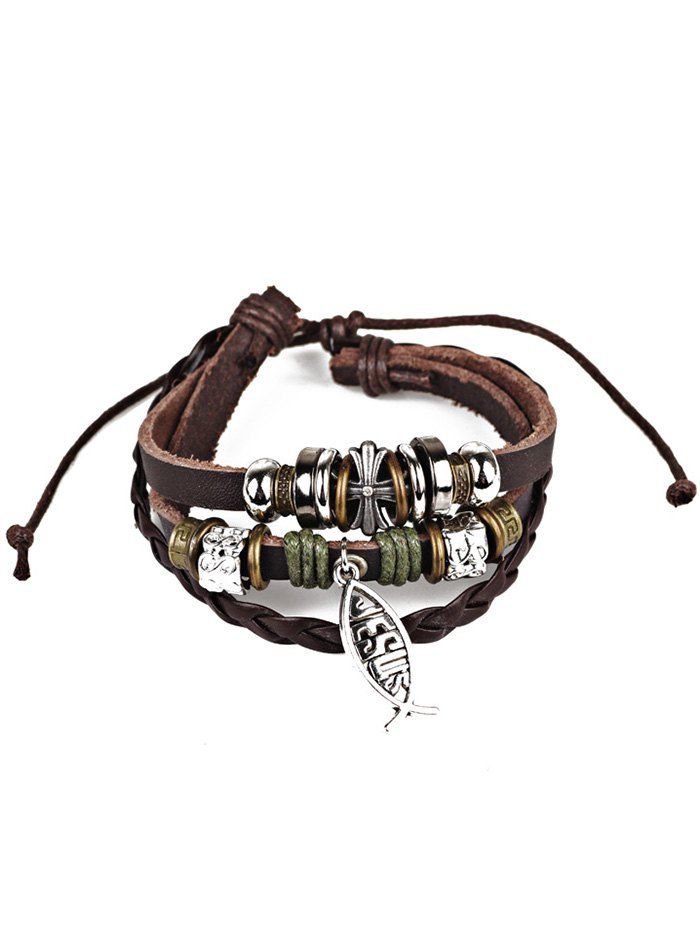 

Faux Leather Braid Crucifix Jesus Fish Bracelet, Brown