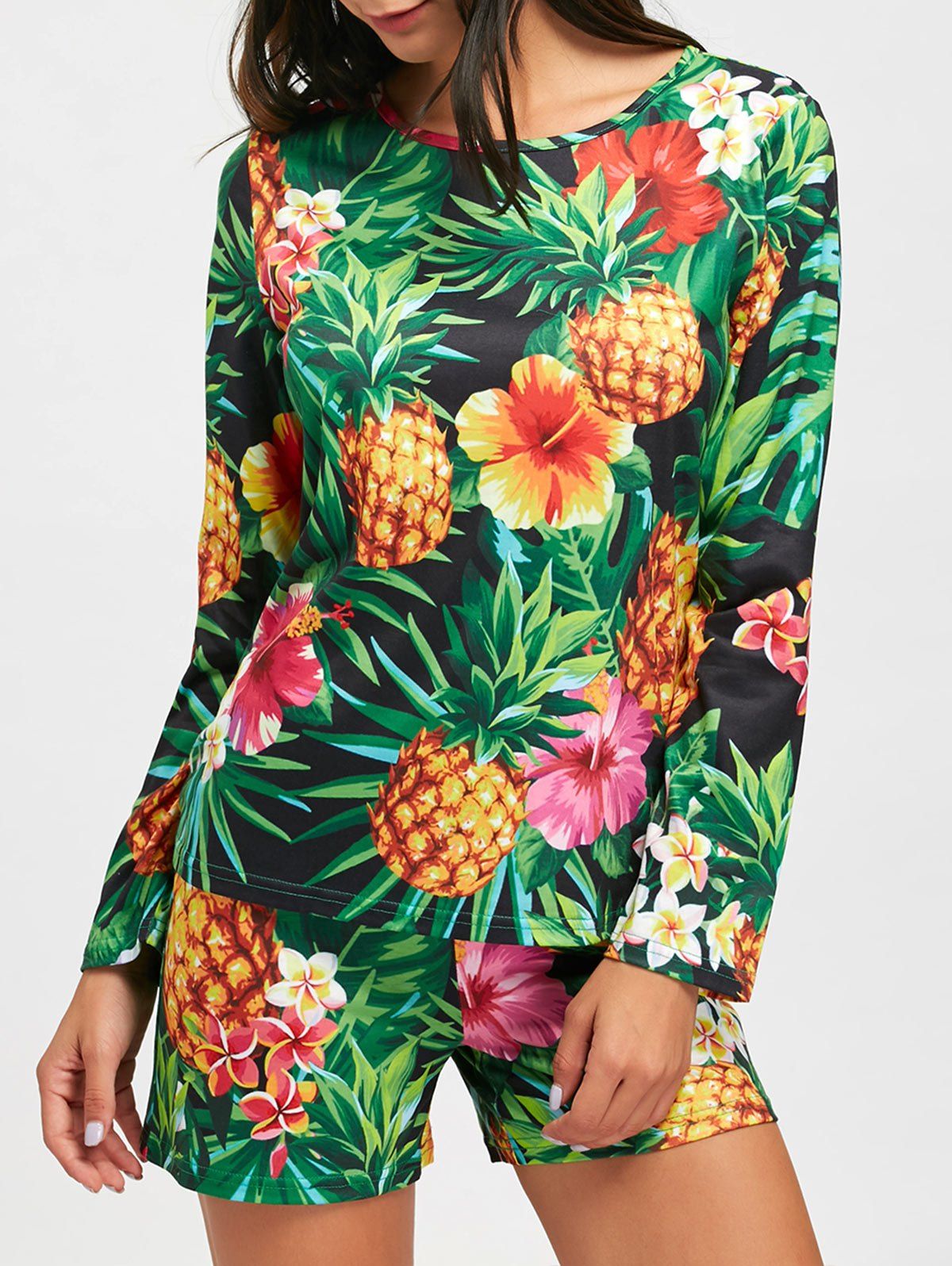 

Tropical Pineaaple Print Long Sleeve Pajama Set, Colormix