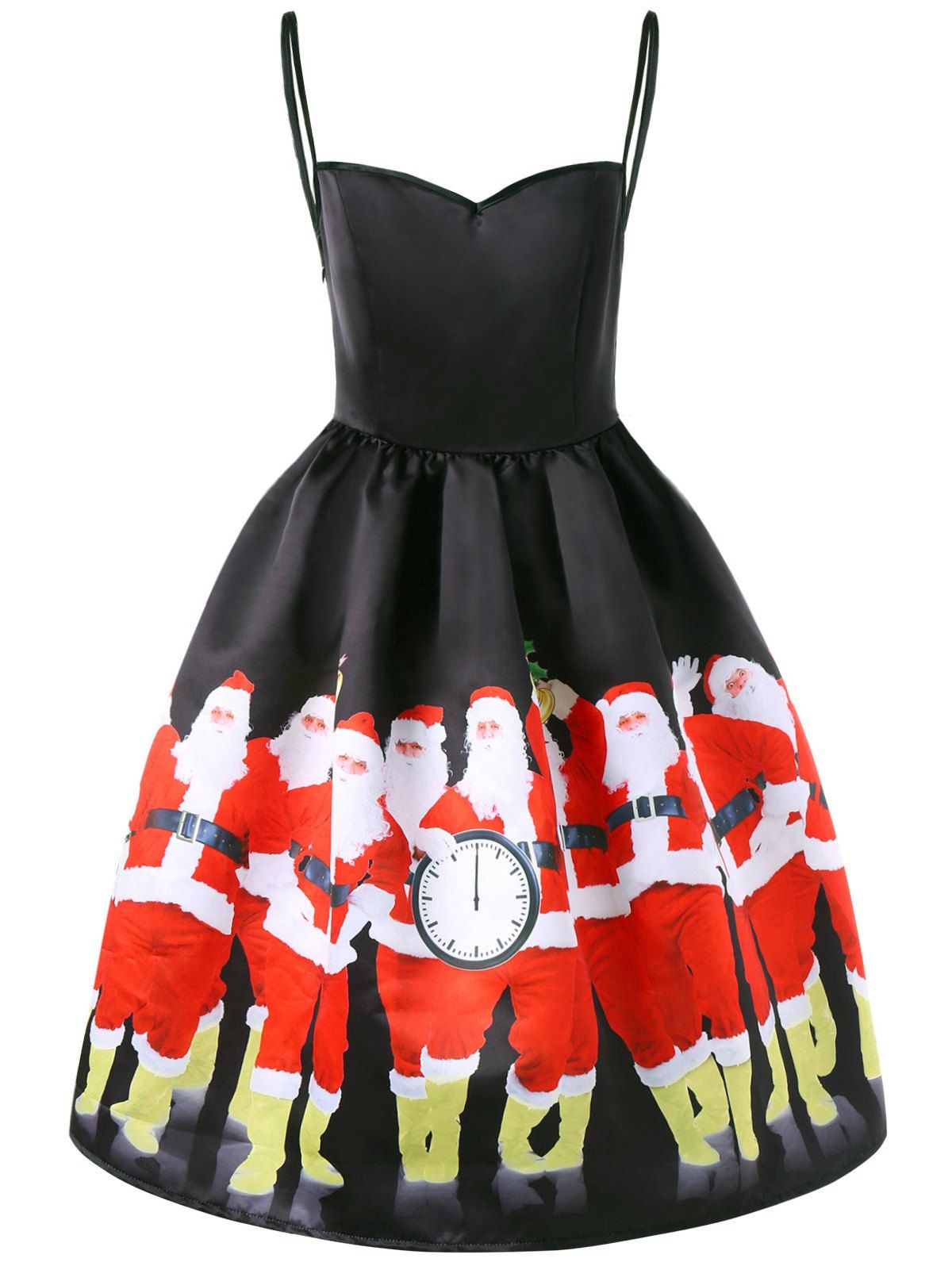 

Christmas Spaghetti Strap Santa Print Dress, Black